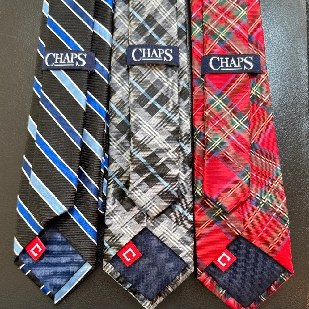 Chaps Boys 3-Pack Ties in Blue Stripe, Gray Plaid & Red Tartan